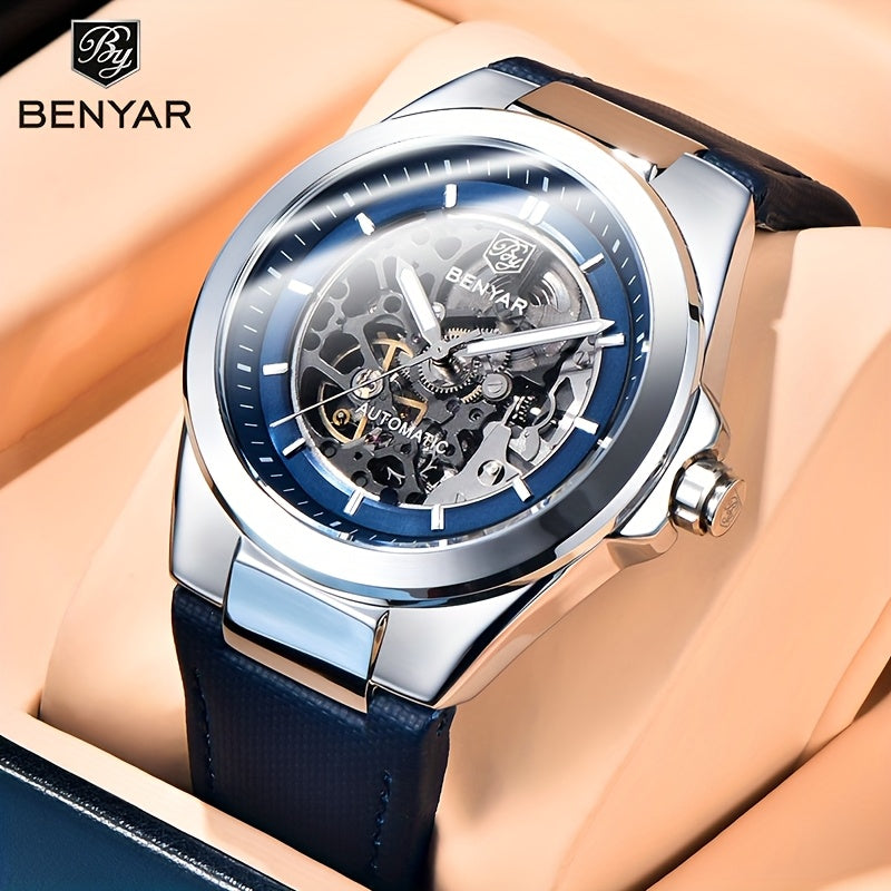 BY BENYAR Automatic Mechanical Unisex Watch – Luminous Round Dial, Blue & Gold Accents, PU Faux Leather Strap