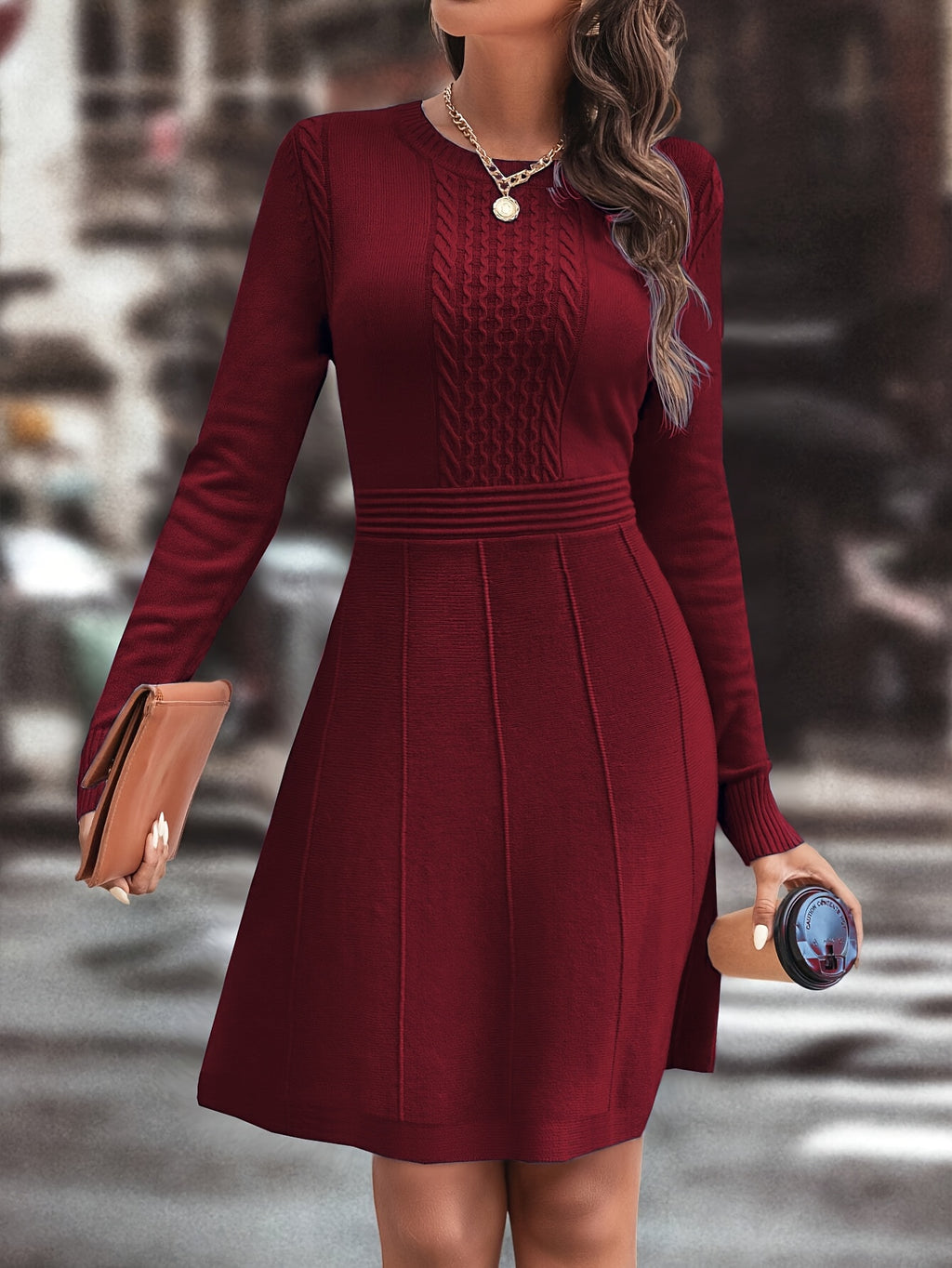 Women's Autumn/Winter Knit A-Line Dress Slim Round Neck Casual Elegant for Date & Daily Wear