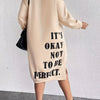 Plus Size Navy Oversized Sweaterdress - Midi A-Line Pullover with 'It's Okay Not to Be Perfect' Print, Medium Stretch, Machine Washable