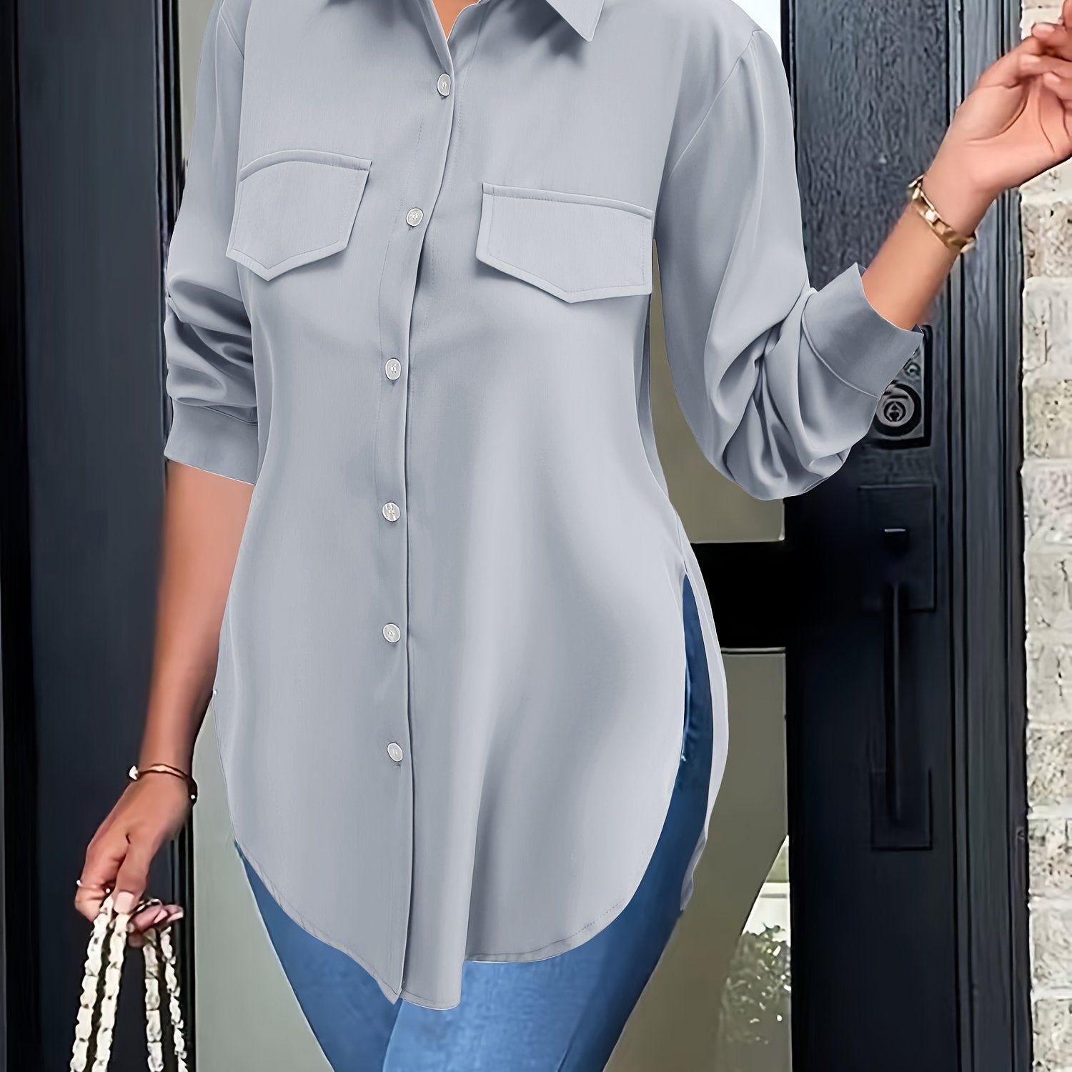 Women's Lapel Collar Button-Front Shirt — Solid Woven Blouse, Lightweight Semi-Sheer All-Season Casual Top