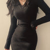 Women's Elegant V-Neck Knit Sweater Bodycon Dress - Long Sleeve Fall Winter