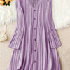 Plus Size V-Neck Long Sleeve Tunic Dress – Solid Color Autumn Winter Elegant Stretch Knit for Women