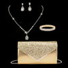 Rhinestone Evening Clutch with Removable Chain Strap – 4-Piece Necklace & Earrings Set, Gold or Silvery Grey