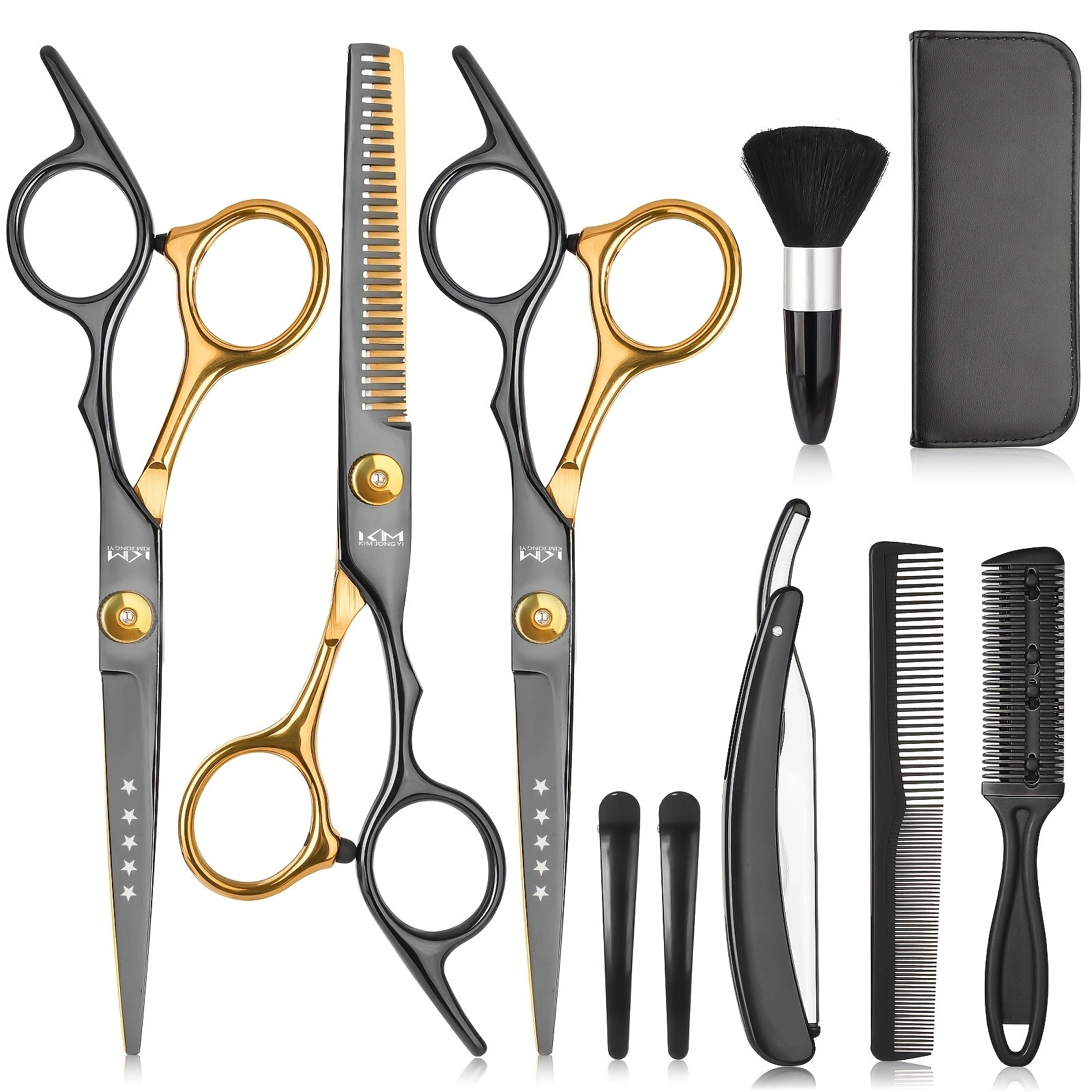 TINMARDA 10pc Professional Hair Cutting Kit – 6.5 in (16.5 cm) Scissors Set with Texturizing Shears, Comb & Cleaning Brush, Black Stainless Steel