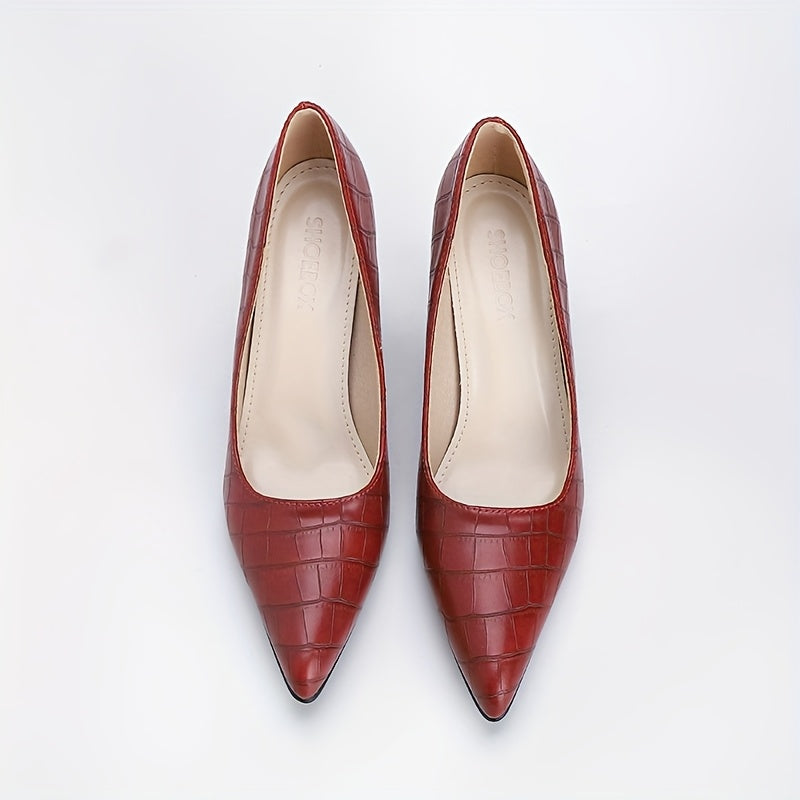 Women's Burgundy Crocodile Mary Jane High Heels – Ultra-High Block Heel, Plain Toe, Cushioned Insole & TPR Sole for Office & Formal Wear