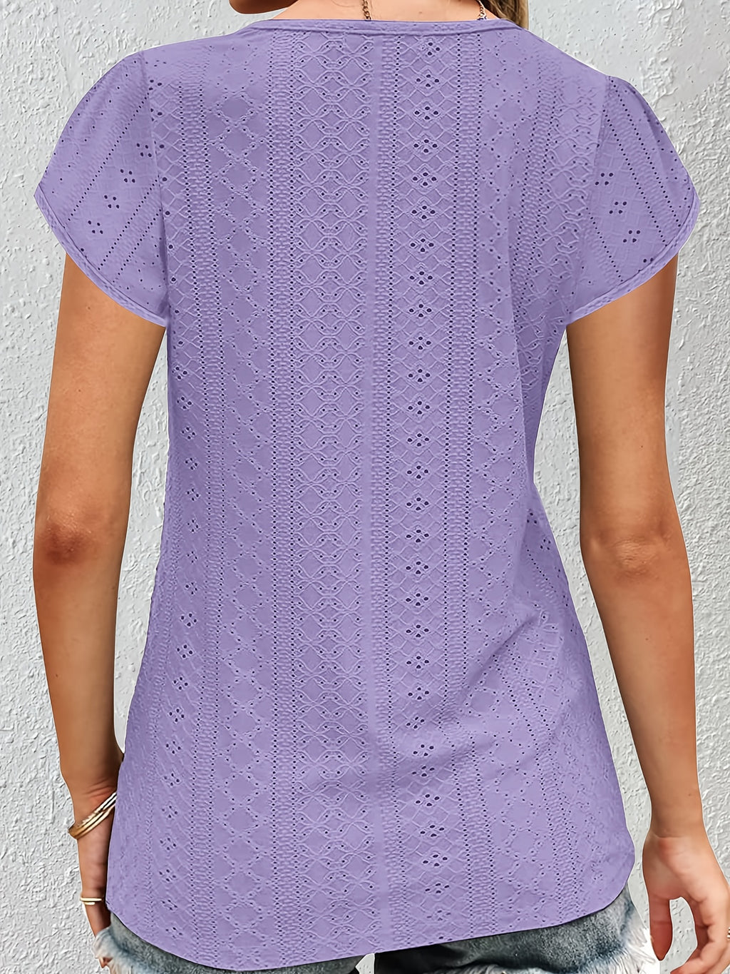 Elegant Women's Lace V-Neck Top — Petal Short Sleeves, Lightweight Summer Blouse