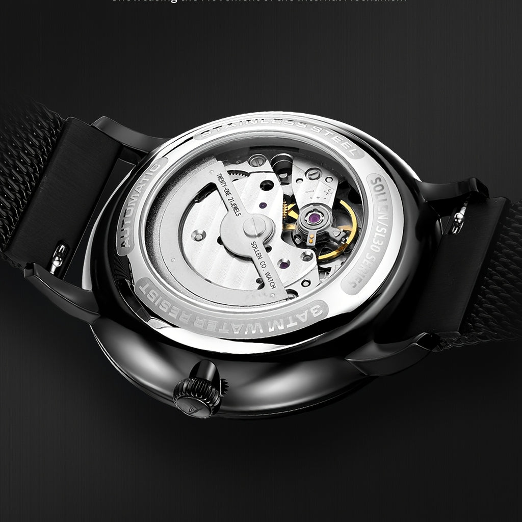 SOLLEN Automatic Mechanical Unisex Watch – Stainless Steel Round Case, Black Dial, Luminous Hands, Business Casual