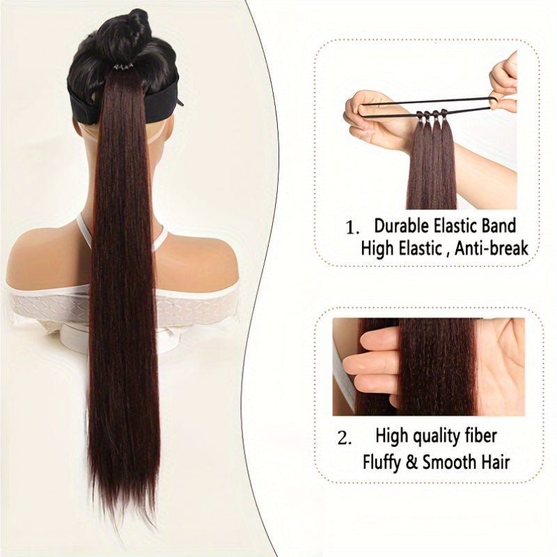 28-inch (71 cm) Long Straight Synthetic Ponytail Extension with Elastic Band - Black Heat-Resistant Soft Fiber