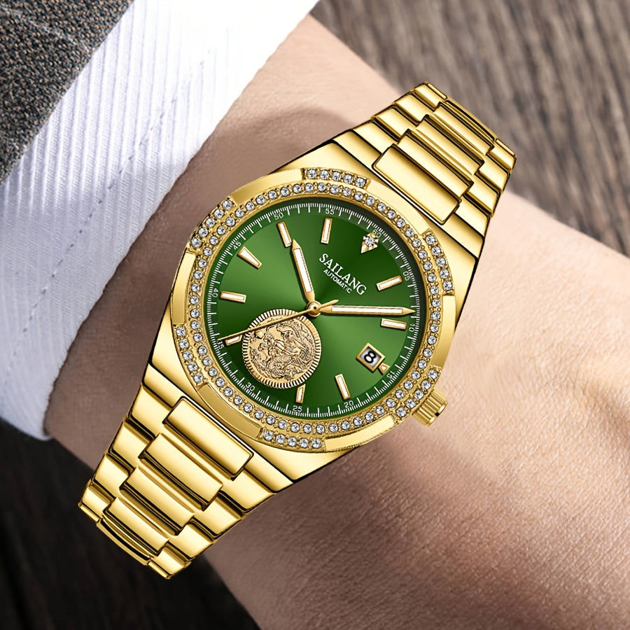 SAILANG Automatic Mechanical Unisex Watch – Green Luminous Dial, Gold-Tone Rhinestone-Embellished Case, Alloy Band, Date Display
