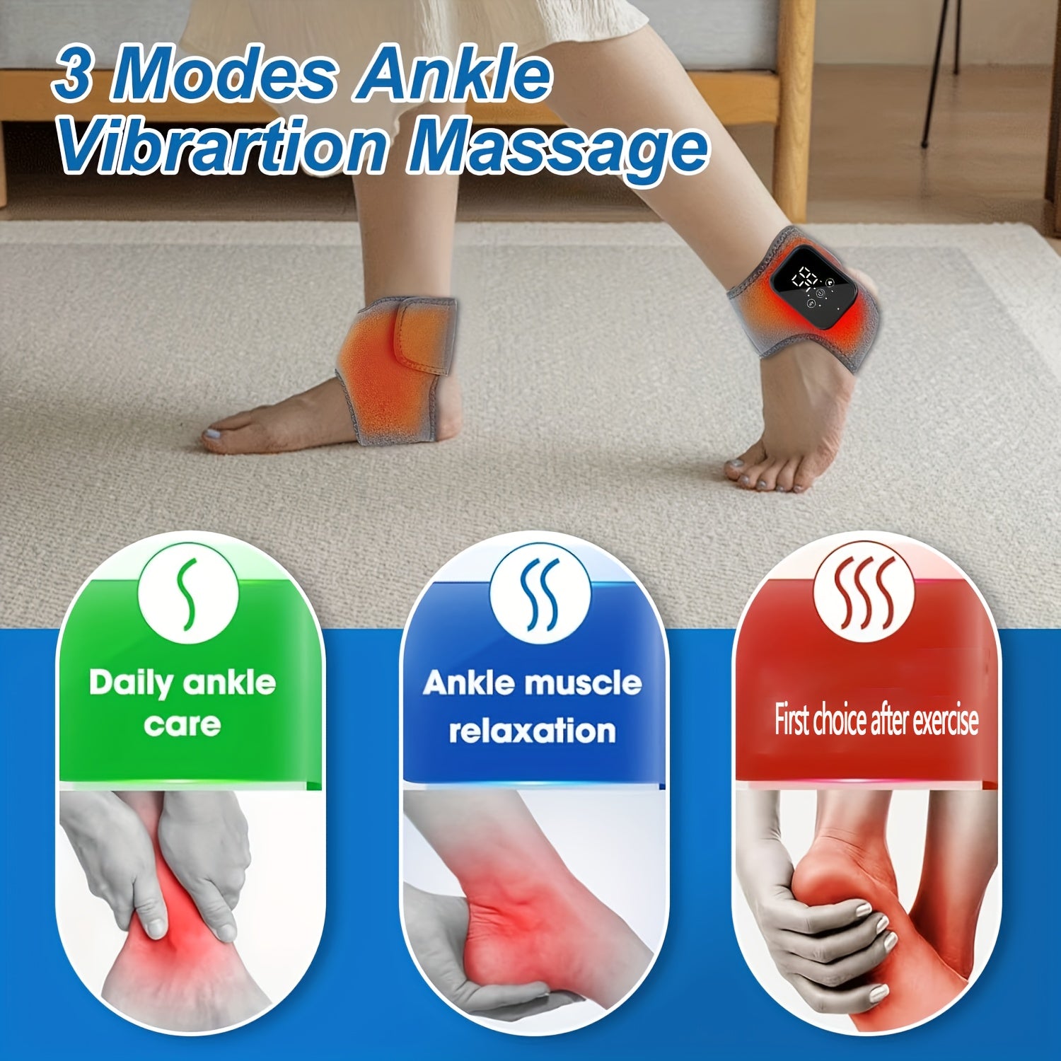 Wireless Heated Foot & Ankle Massager — 3 Vibration & 3 Heat Modes, USB Rechargeable, LCD Display, Portable
