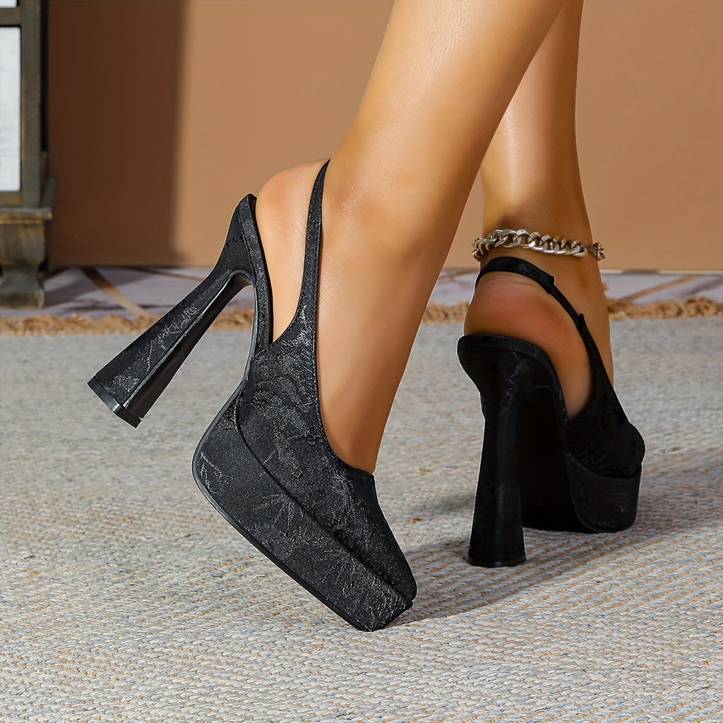 Women's Embroidered Pointed-Toe Block Heel Sandals, Thick Platform, Bungee Closure, Breathable Fabric Upper - Black Dress Heels