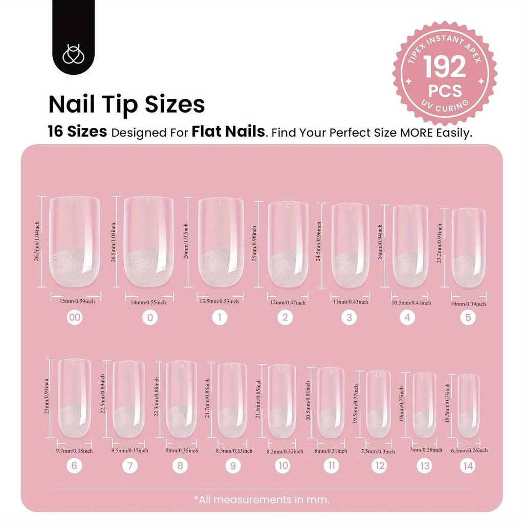 BEETLES 192-Pack Instant Apex Nail Tips Pre-Etched Half-Matte Square Acrylic Gel Extensions Full-Coverage Translucent False Nails for Salon & Home Manicure