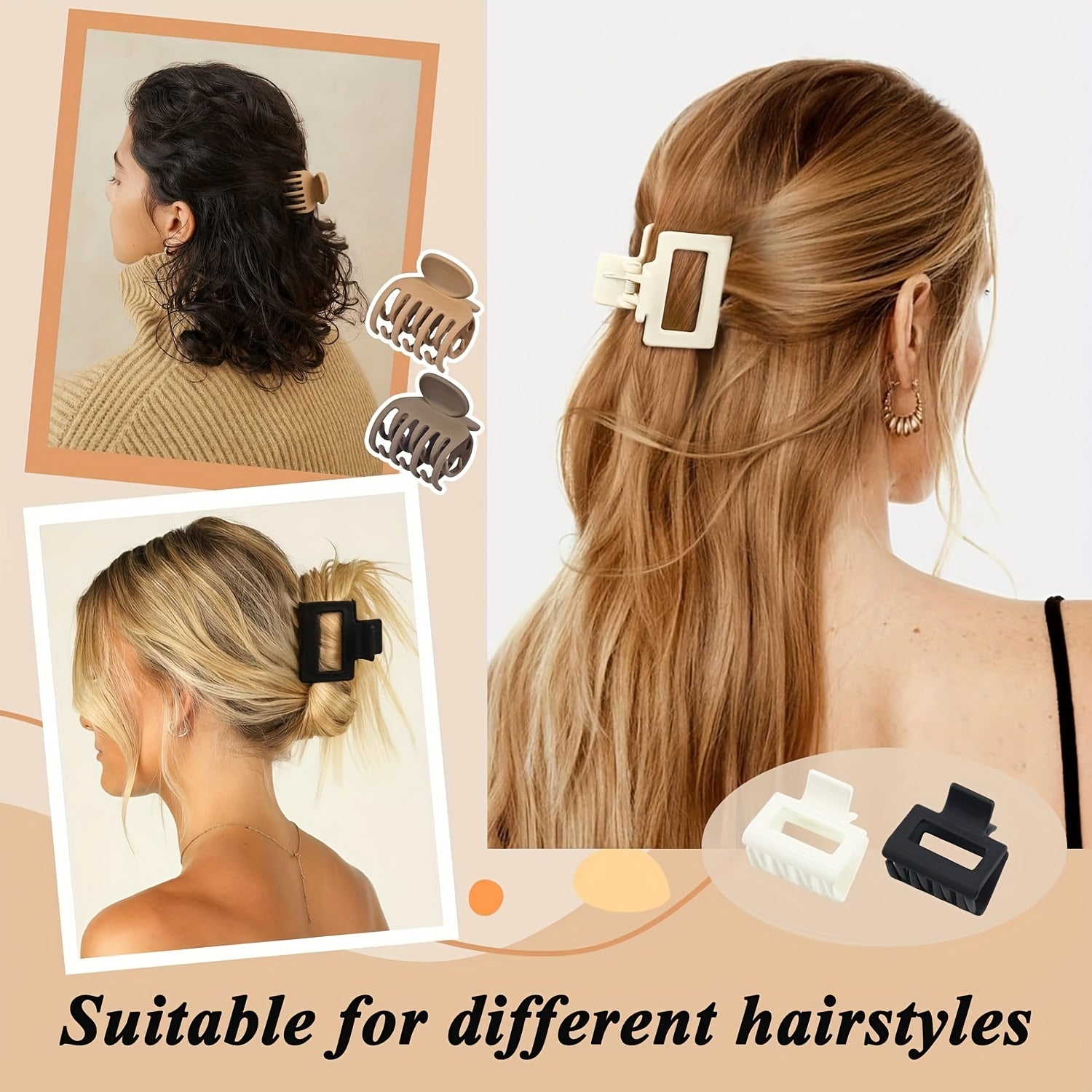 Medium 1.6 in (4.1 cm) Matte Rectangle Double-Row Hair Claw Clips for Thin to Medium Fine Hair – Non-Slip Jaw, Smooth Grip, 4-Pack or 8-Pack