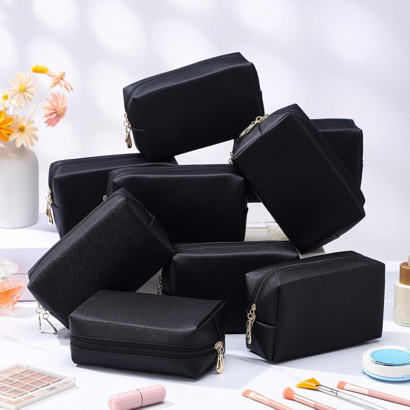 15-Pack Black Makeup Bags with Gold Hardware – Square Travel Cosmetic Pouches, Durable Polyester Toiletry Organizers for Women