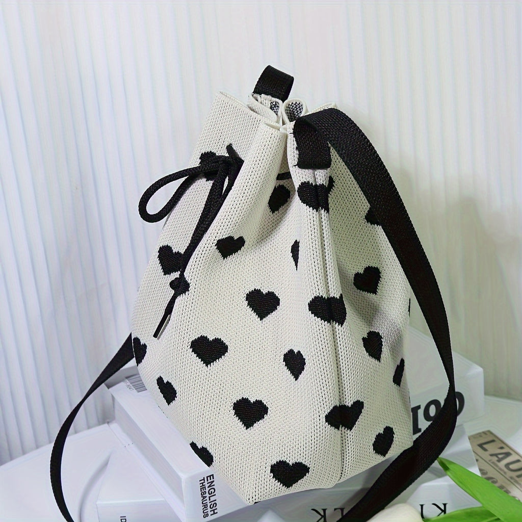 Heart Pattern Drawstring Bucket Bag for Women - Classic All-Match Handbag
