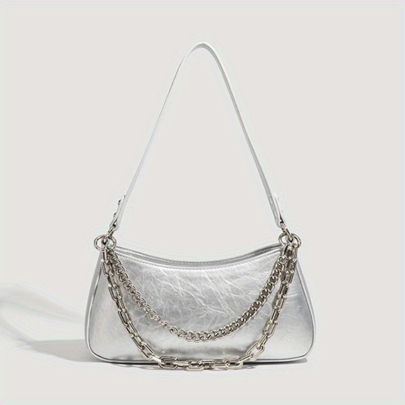 Silvery Baguette Shoulder Bag for Women – Minimalist Split Leather Adjustable Strap Handbag