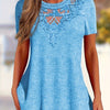 Women's Summer Lace-Trim Pullover Top - Light Gray Short Sleeve Casual Blouse, Medium Stretch, Machine Washable