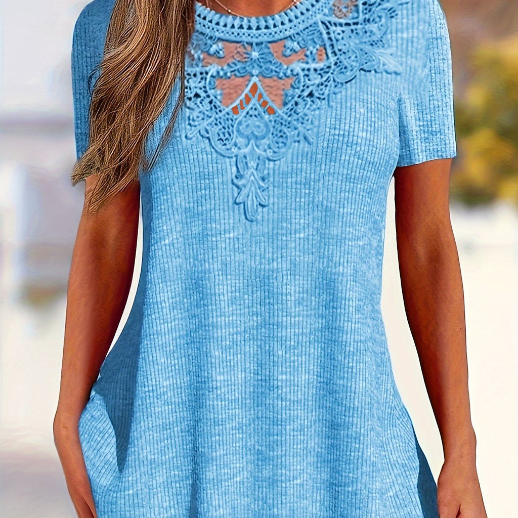 Women's Summer Lace-Trim Pullover Top - Light Gray Short Sleeve Casual Blouse, Medium Stretch, Machine Washable