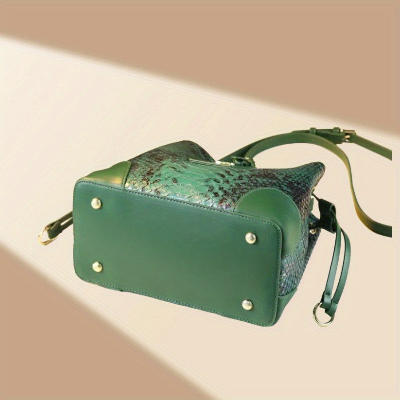 Women's Snake-Print Split Leather Crossbody Bucket Bag - Large Capacity, Adjustable Strap & Buckle Closure (Red, Khaki, Yellow, Blue, Green)
