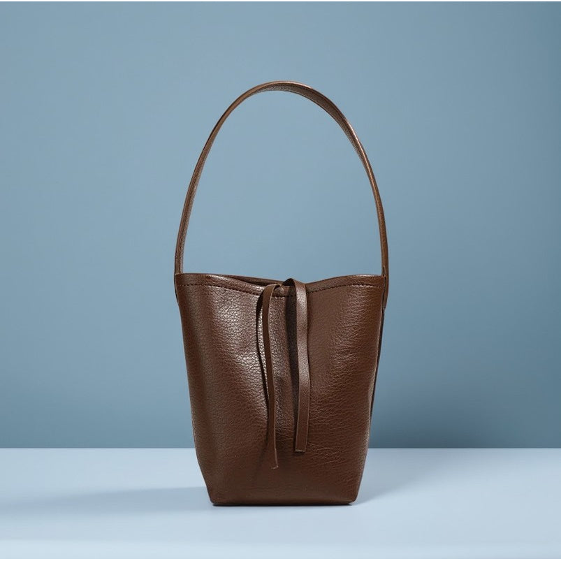 Women's Large Capacity Korean-Inspired Drawstring Bucket Tote - Minimalist Round PU Crossbody Shoulder Purse with Adjustable Strap, Black Grey Coffee Brown White Red