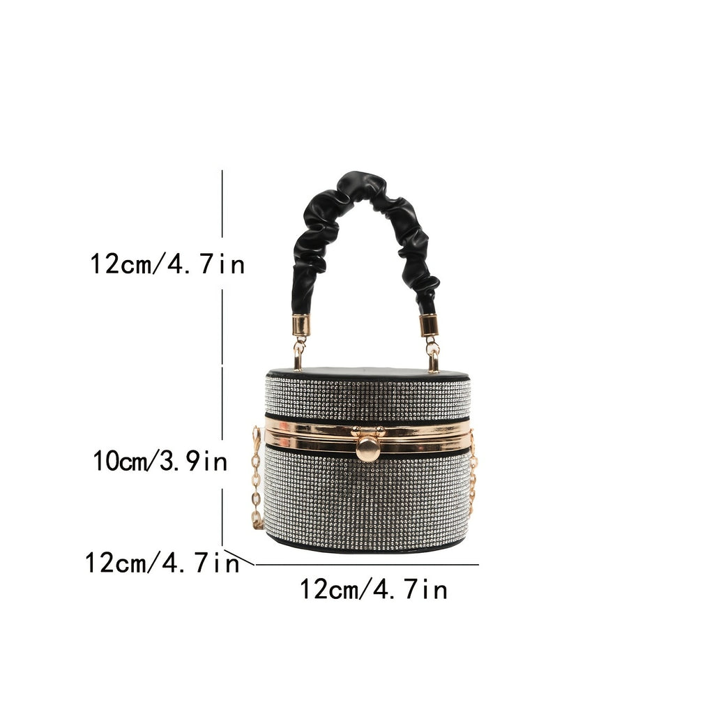 Mini Rhinestone Bucket Bag – Ruched Chain Shoulder Evening Purse, 3.9 x 4.7 x 4.7 in (10 x 12 x 12 cm)