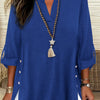 Plus Size Faux Denim Blouse with Decorative Buttons & Tassel Knot Front High-Low Hem Spring/Summer Polyester Blend