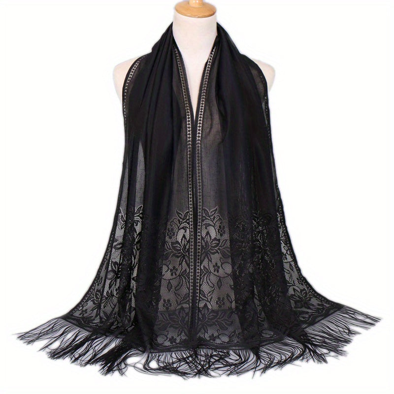 Lace Bridal Shawl – Embroidered Wedding Scarf with Tassels, Windproof Head Wrap & Church Veil