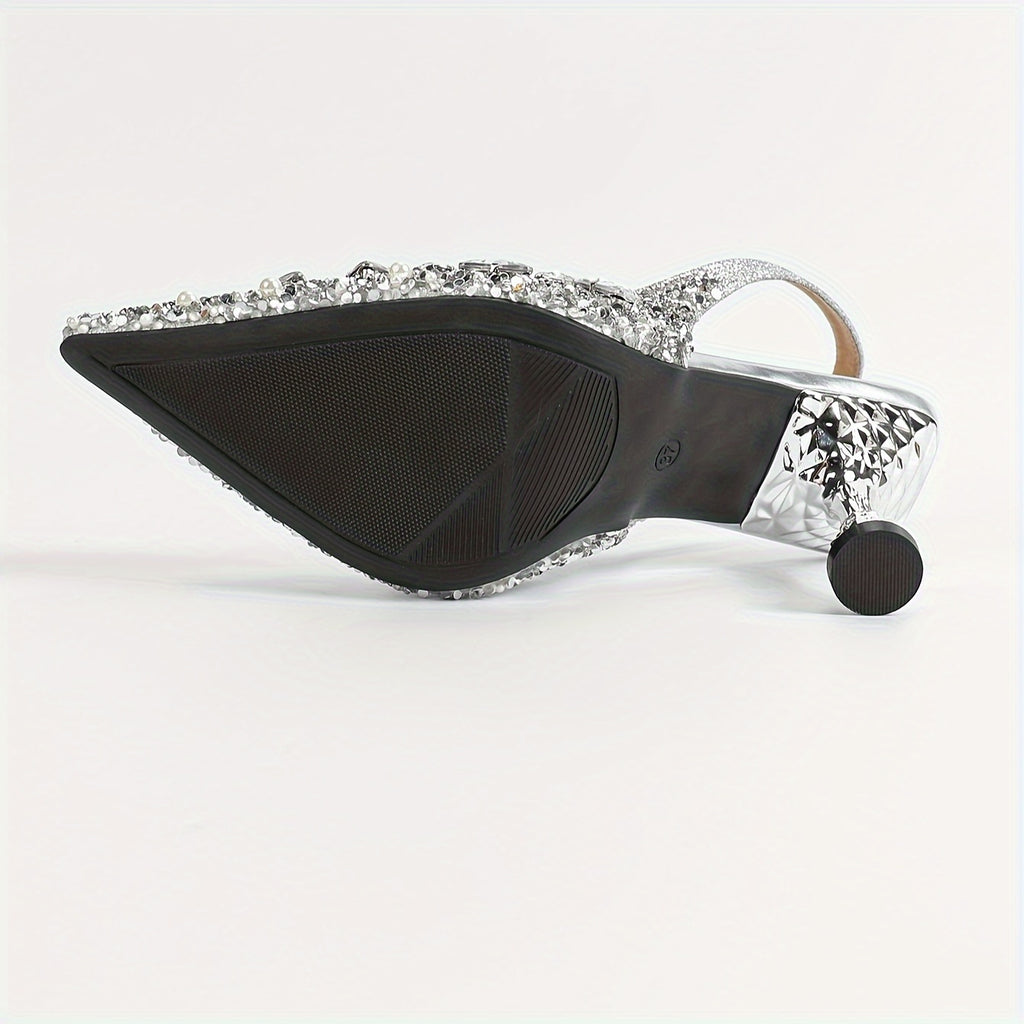 Women's Silver Pointed Toe D'Orsay High Heels - Rhinestone & Pearl Embellished Flare Heel Evening Pumps