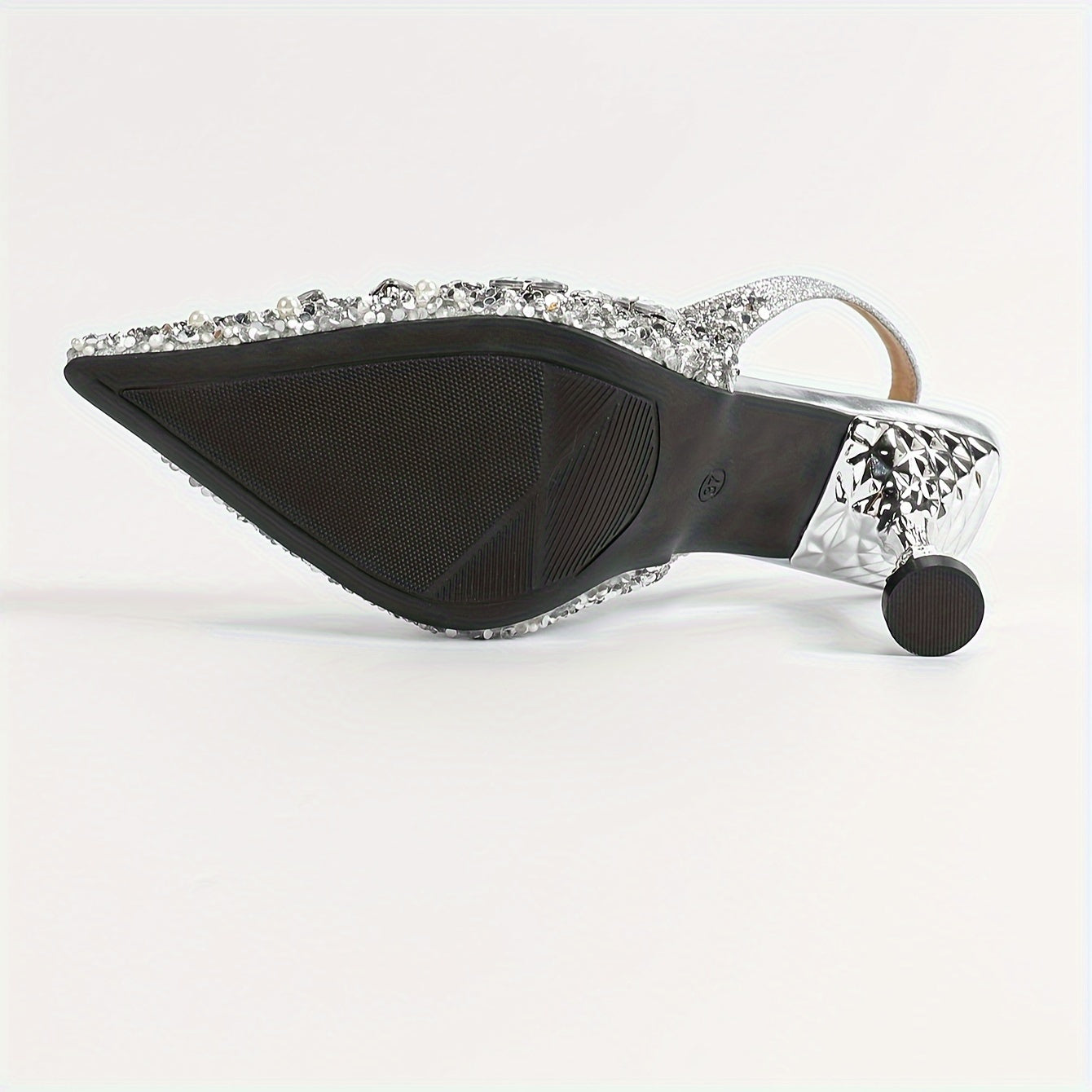 Women's Silver Pointed Toe D'Orsay High Heels - Rhinestone & Pearl Embellished Flare Heel Evening Pumps