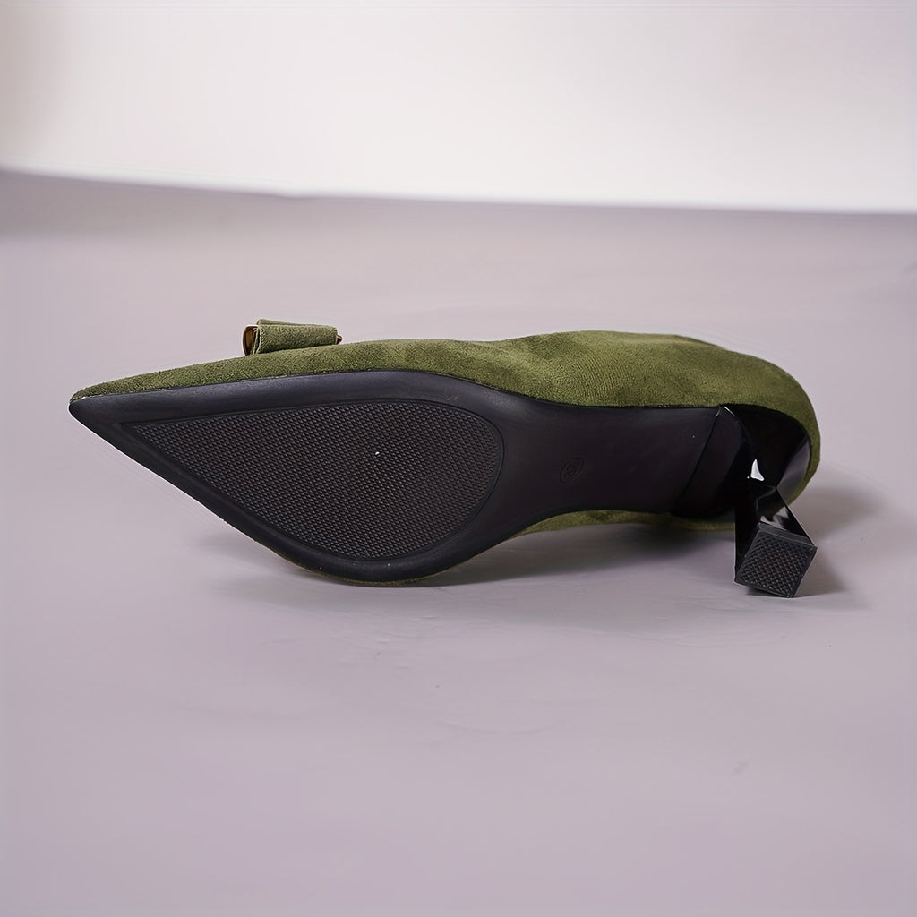 Women's Green Pointed-Toe D'Orsay High Heels with Bow - 2.95 in (7.5 cm) Flared Heel, PU Lining & Rubber Sole, Party & Evening Shoes