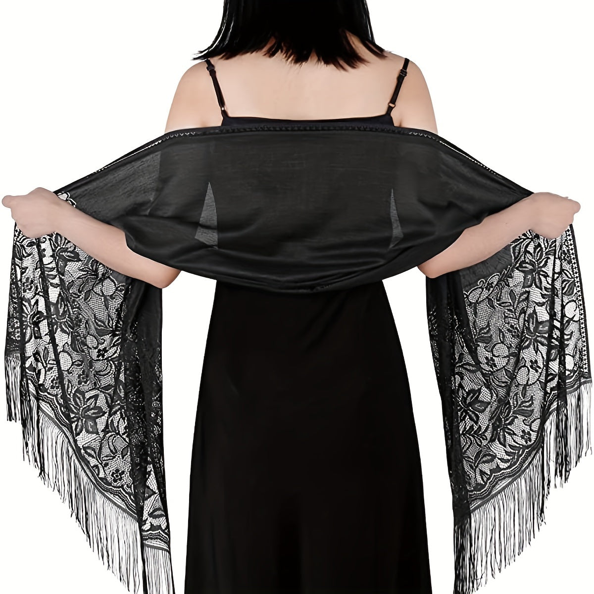 Lace Bridal Shawl – Embroidered Wedding Scarf with Tassels, Windproof Head Wrap & Church Veil