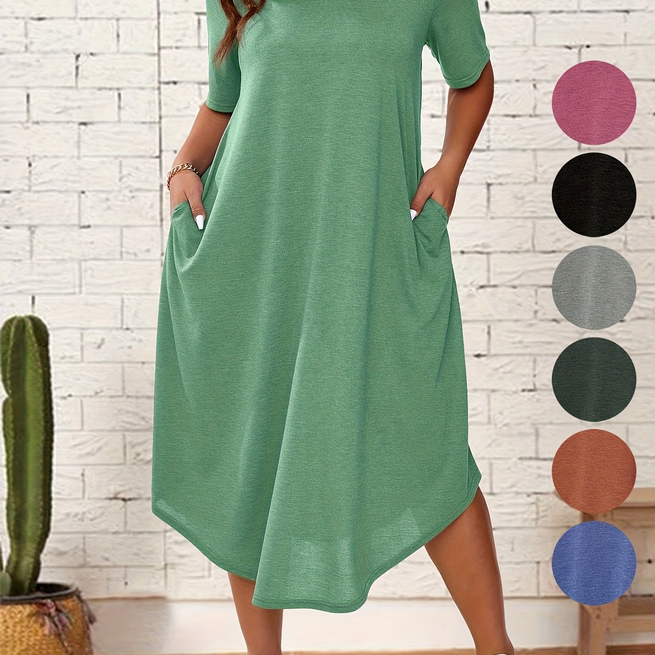 Plus Size Solid Crew Neck Tunic Dress - Casual Short Sleeve Summer Dress for Women