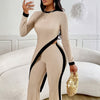 Elegant Women's 2-Piece Polyester Jumpsuit Set - Asymmetrical Hem Tee & Flare Pants, Crew Neck Knit for Spring/Fall