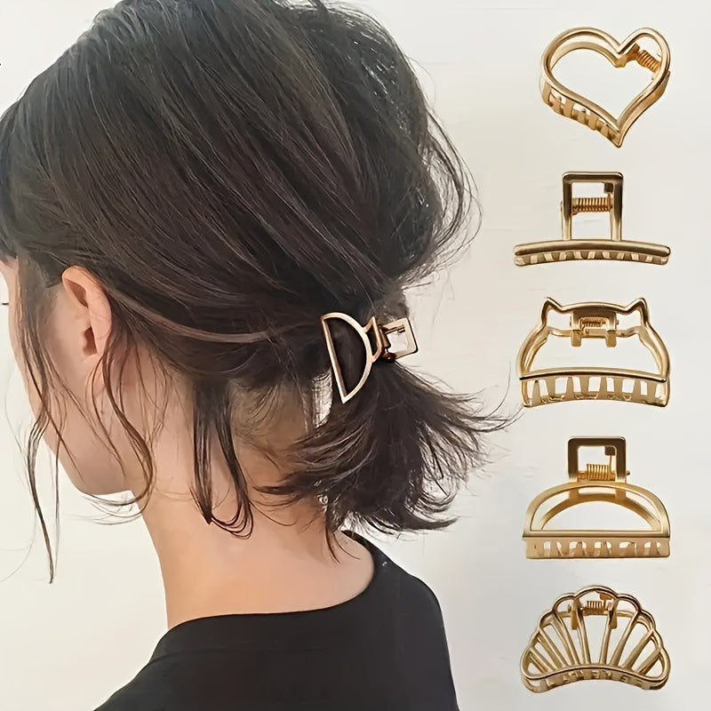 5-Pack Gold-Tone Heart Hair Clips — Sparkling Metal Hairpins with Cut-Out Design for Women, Casual & Formal