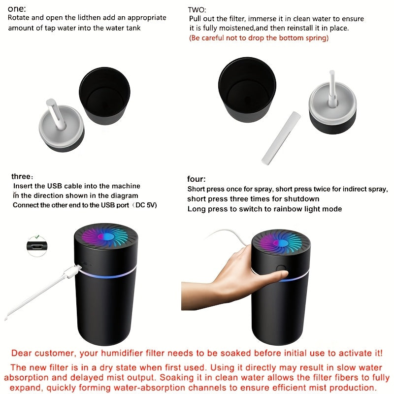 USB Mini Car Air Freshener & Humidifier, Essential Oil Aroma Diffuser with 7-Color LED for Cars, Home, Office, Travel (No Battery)