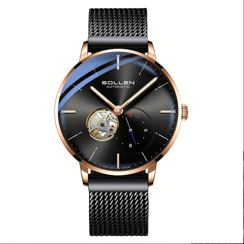 SOLLEN Automatic Mechanical Unisex Watch – Stainless Steel Round Case, Black Dial, Luminous Hands, Business Casual