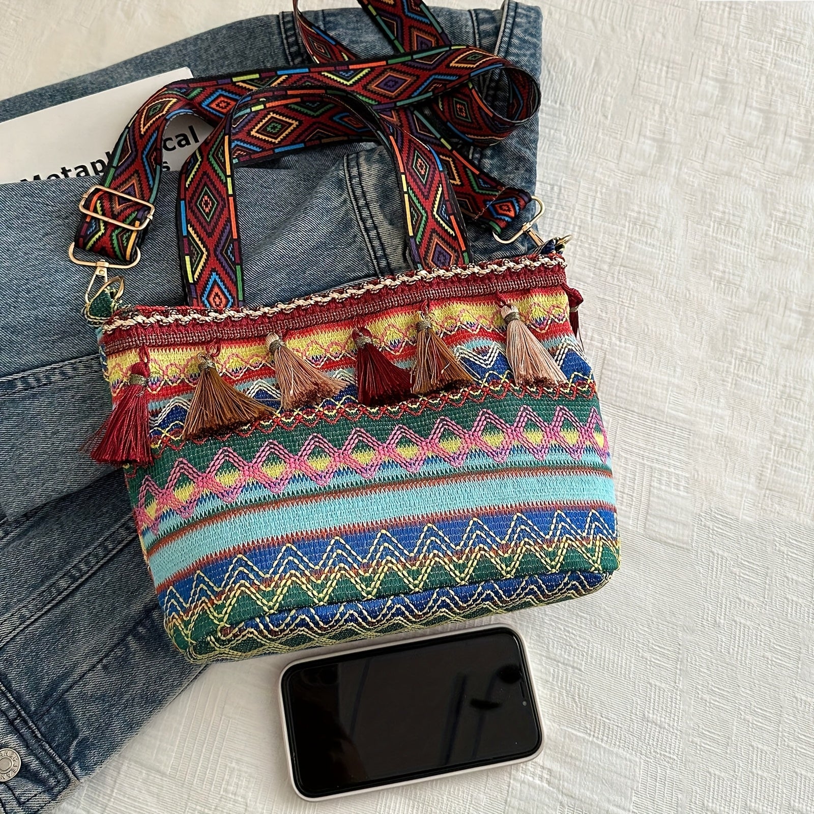 Boho Woven Fringe Bucket Bag – Geometric Embroidery, Adjustable Wide Strap, Lightweight Polyester Tote for Women