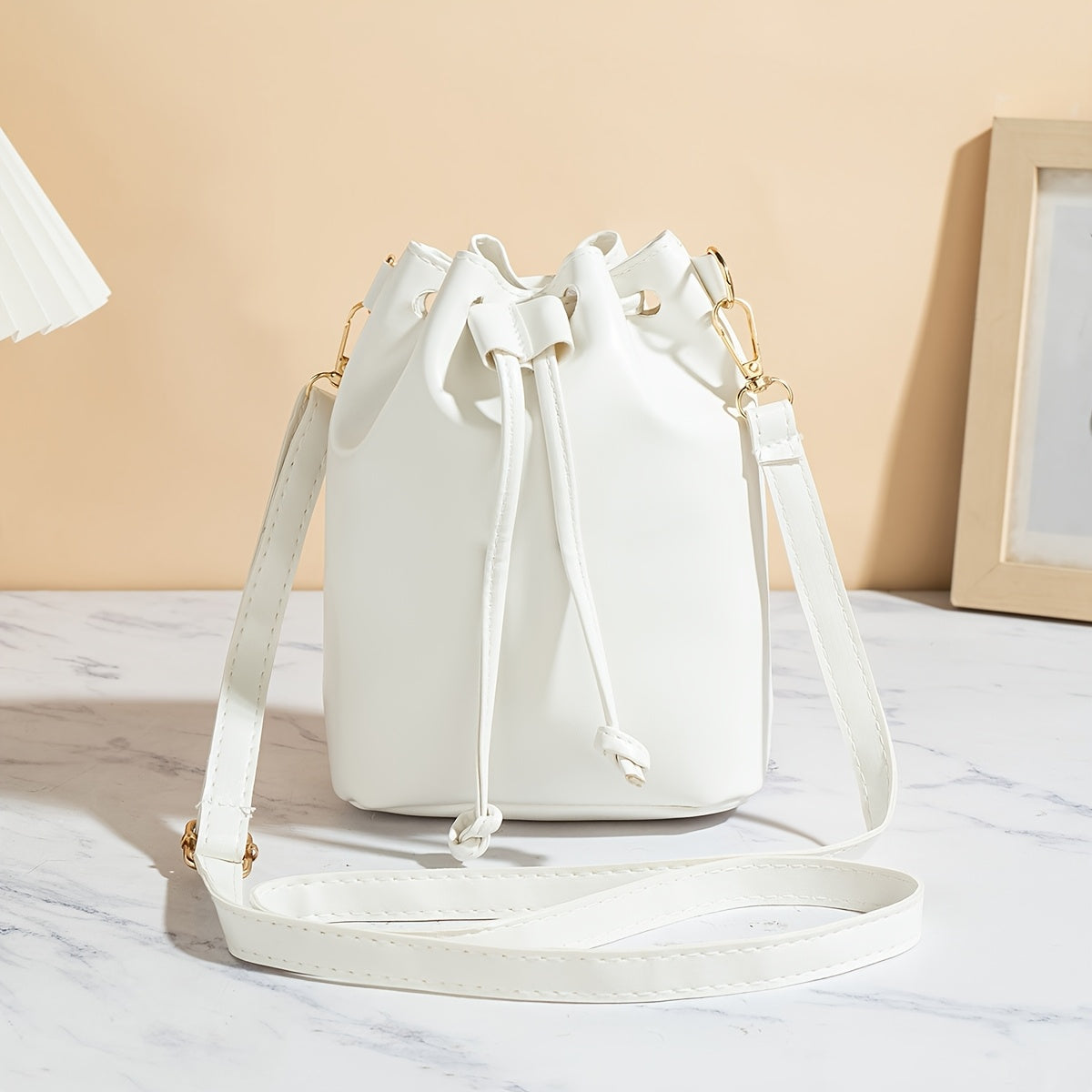 Women's Black Adjustable Crossbody Bucket Bag - Drawstring Closure Minimalist Shoulder Purse