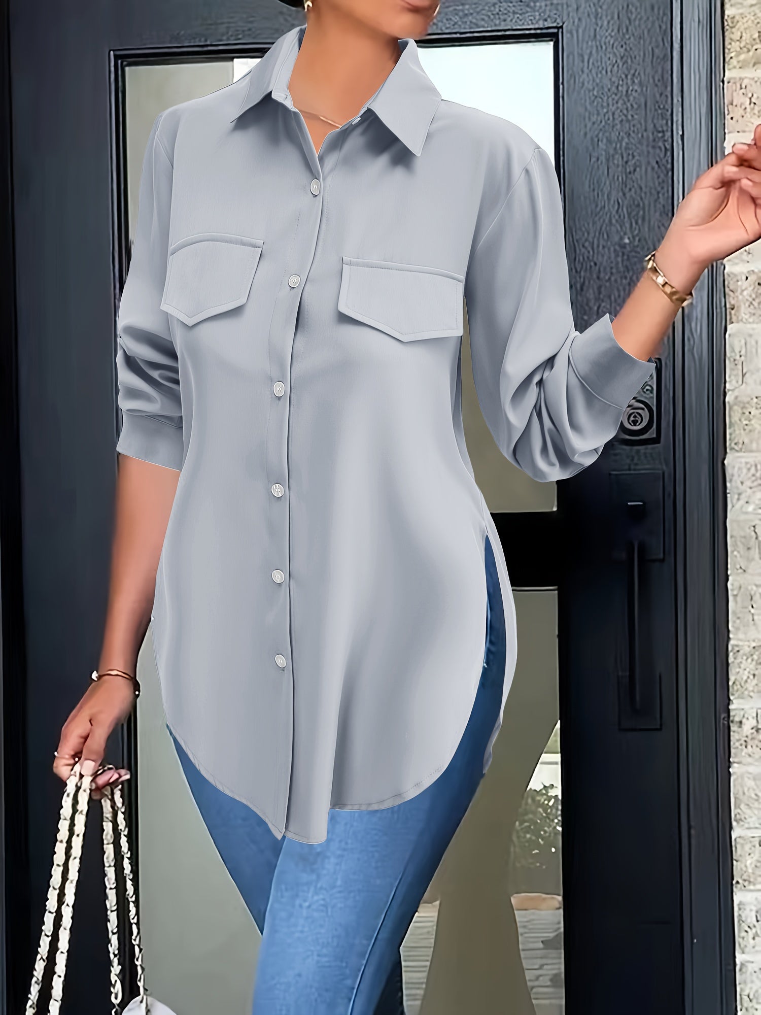 Women's Lapel Collar Button-Front Shirt — Solid Woven Blouse, Lightweight Semi-Sheer All-Season Casual Top