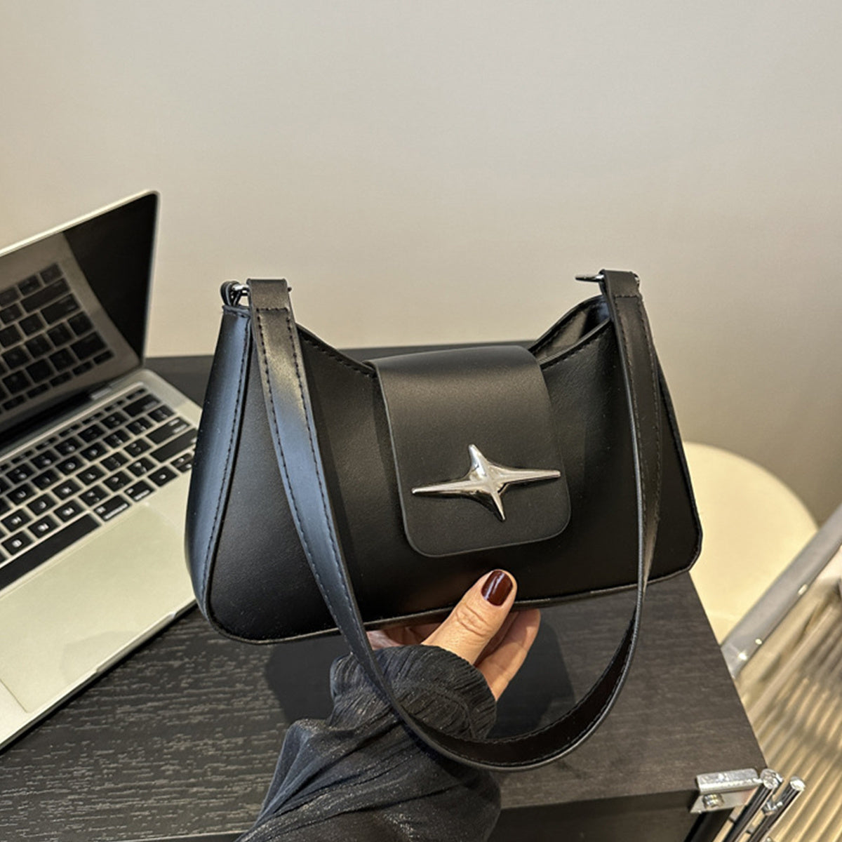 Textured Underarm Baguette Bag for Women – PU Shoulder & Crossbody with Lock Closure, Black (Also White)