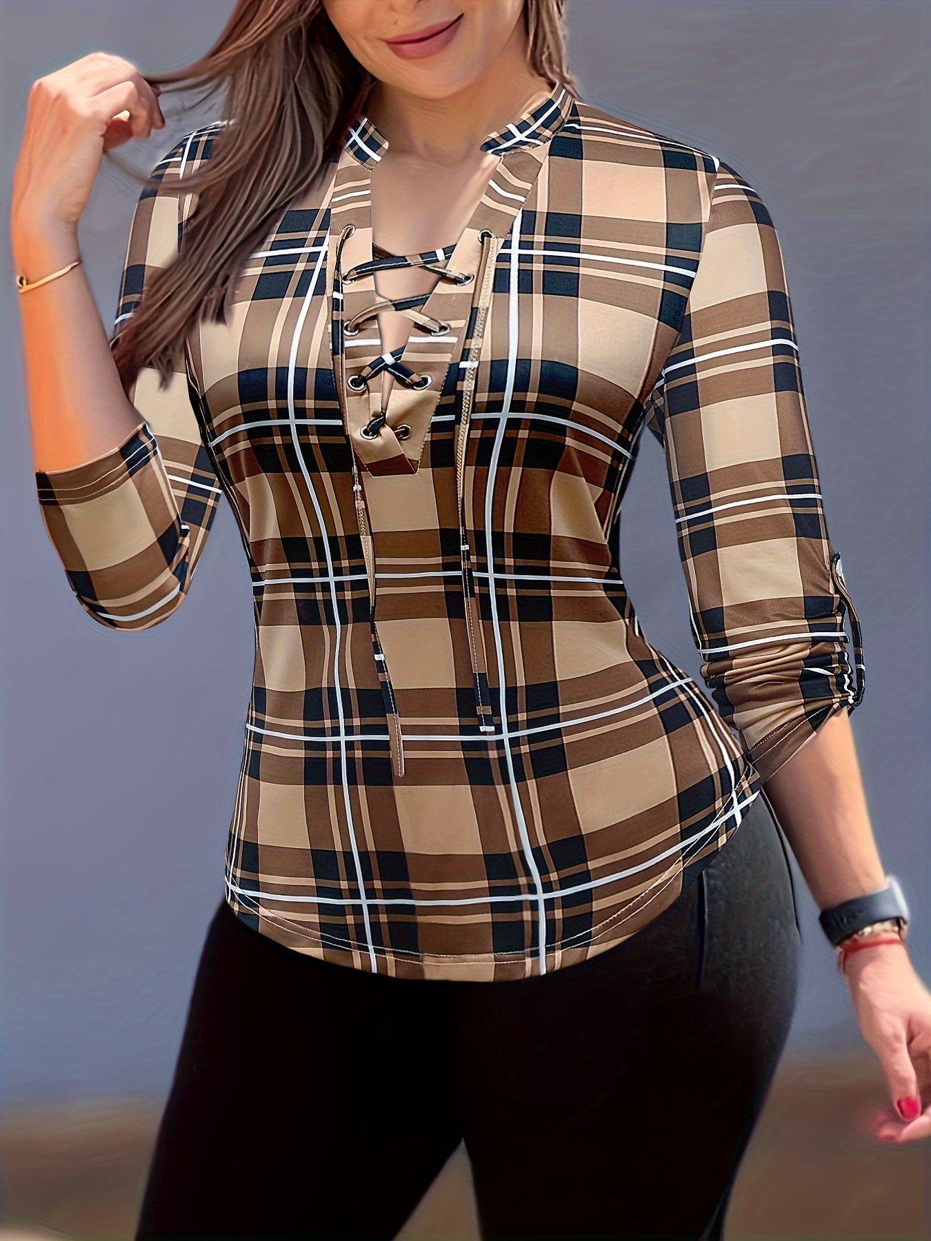 Plaid Drawstring V-Neck Blouse - Casual Long Sleeve Top for Women