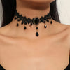 Gothic Black Tassel Lace Necklace for Women – Vintage Short Chain with Black Beads & Layered Tassels, Zinc Alloy