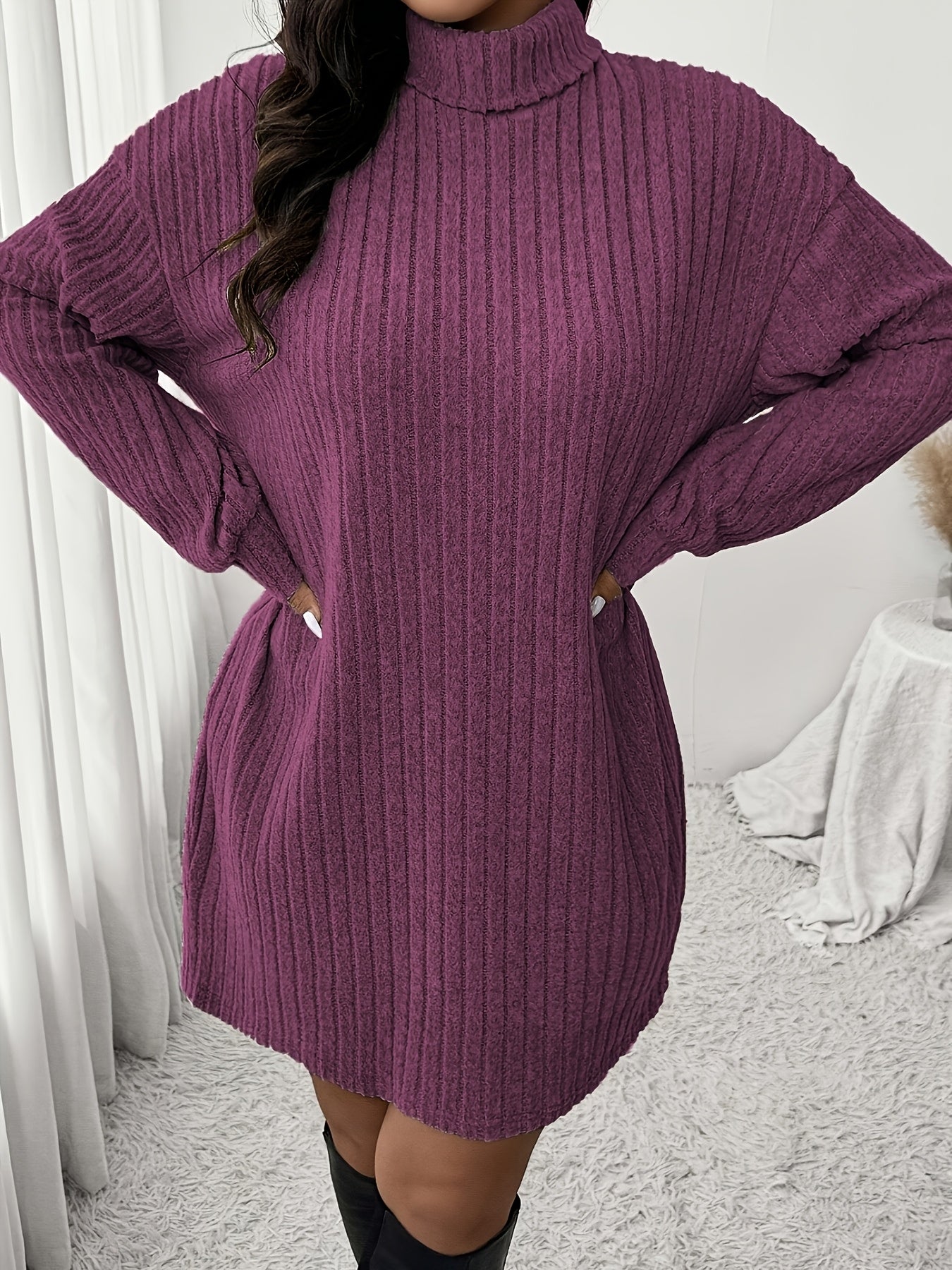 Plus Size High Neck Ribbed Knit Dress Long Sleeve Knee-Length Casual Winter Dress