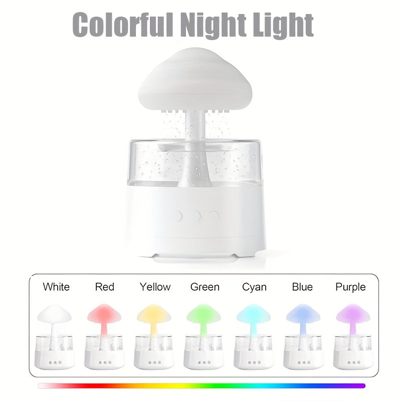 Rain Cloud Aroma Diffuser, 7-Color Mushroom Waterfall Humidifier with Night Light & Water Droplet Sound, USB Powered (White)