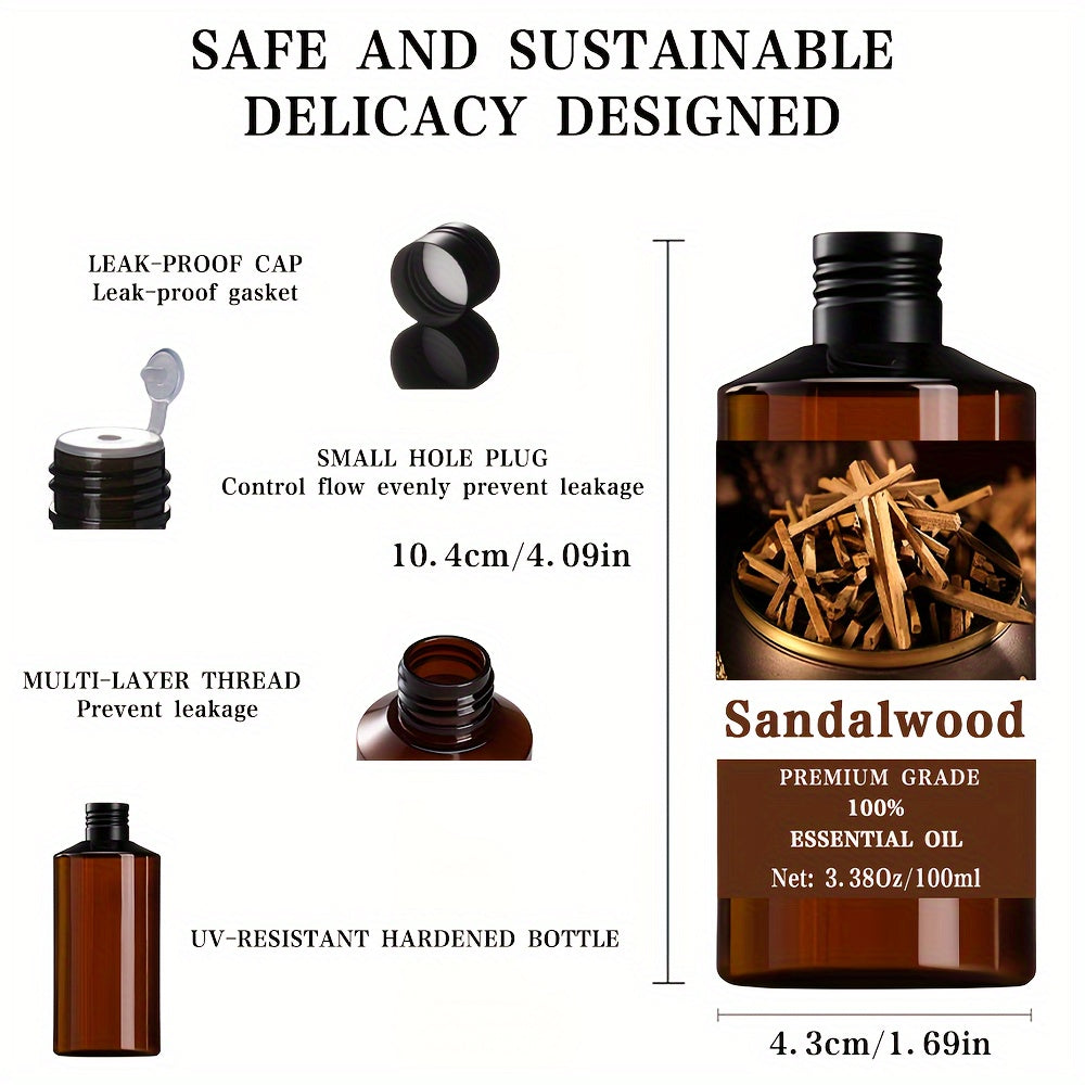 Sandalwood Essential Oil 3.38 oz (100 ml) 100% Pure Hypoallergenic Massage Oil with Eucalyptus & Vitamin C for Skin, Hair & Nails, Diffusers & Relaxation Gift