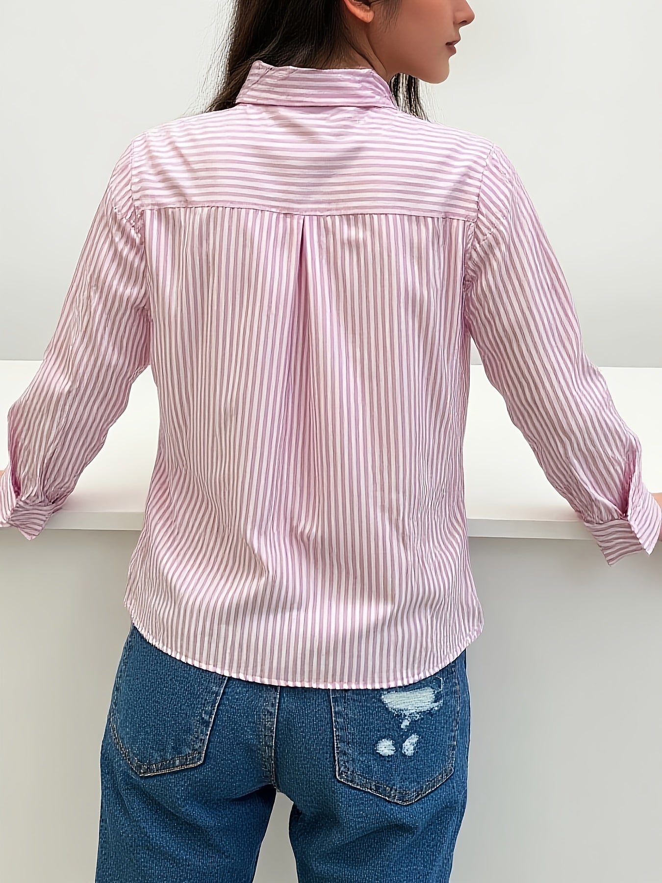 Elegant Blue Striped Lapel Shirt for Women – Versatile Button-Down, 100% Polyester