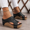 Women's Vintage Wedge Sandals Open-Toe Slip-On with Thick Rubber Sole and Rivet Detail (Brown/Beige)