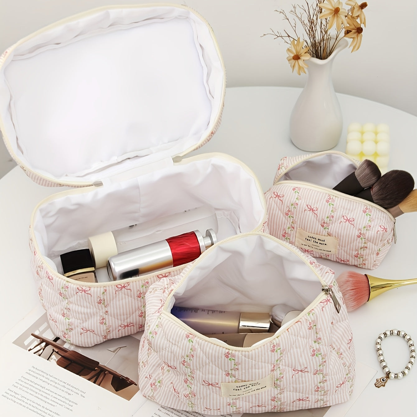 3-Pack Quilted Floral Cosmetic Bags for Women – Travel Makeup Organizer Set, Durable Polyester Pouches