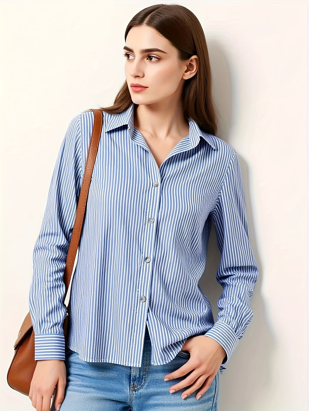 Elegant Blue Striped Lapel Shirt for Women – Versatile Button-Down, 100% Polyester
