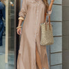 Women's Navy A-Line Maxi Shirt Dress with Chest Pocket – Button-Front Collared, Machine Washable Elegant Spring/Summer Wedding Guest & Work Dress